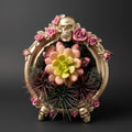 Decorative piece with gold skull, pink flowers, and succulents on a neutral background