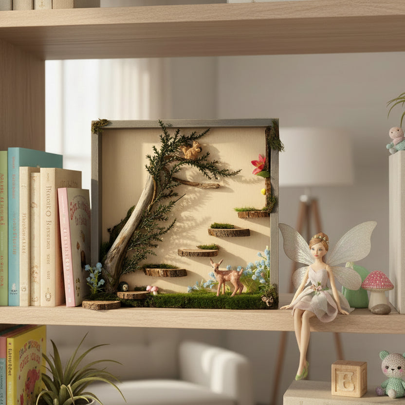 Decorative shelf with fairy figurine, books, and nature-themed display