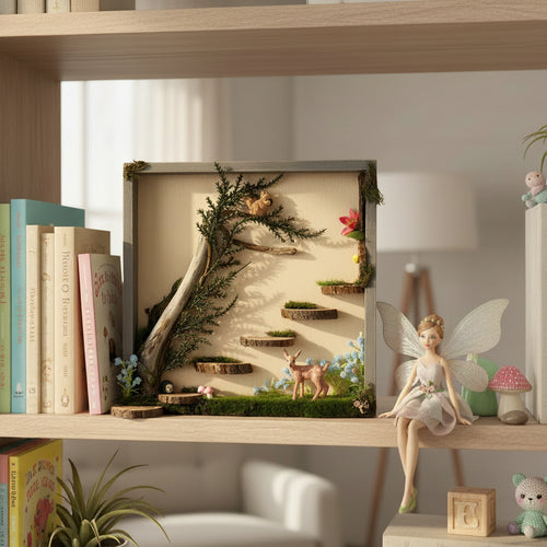 Decorative shelf with fairy figurine, books, and nature-themed display