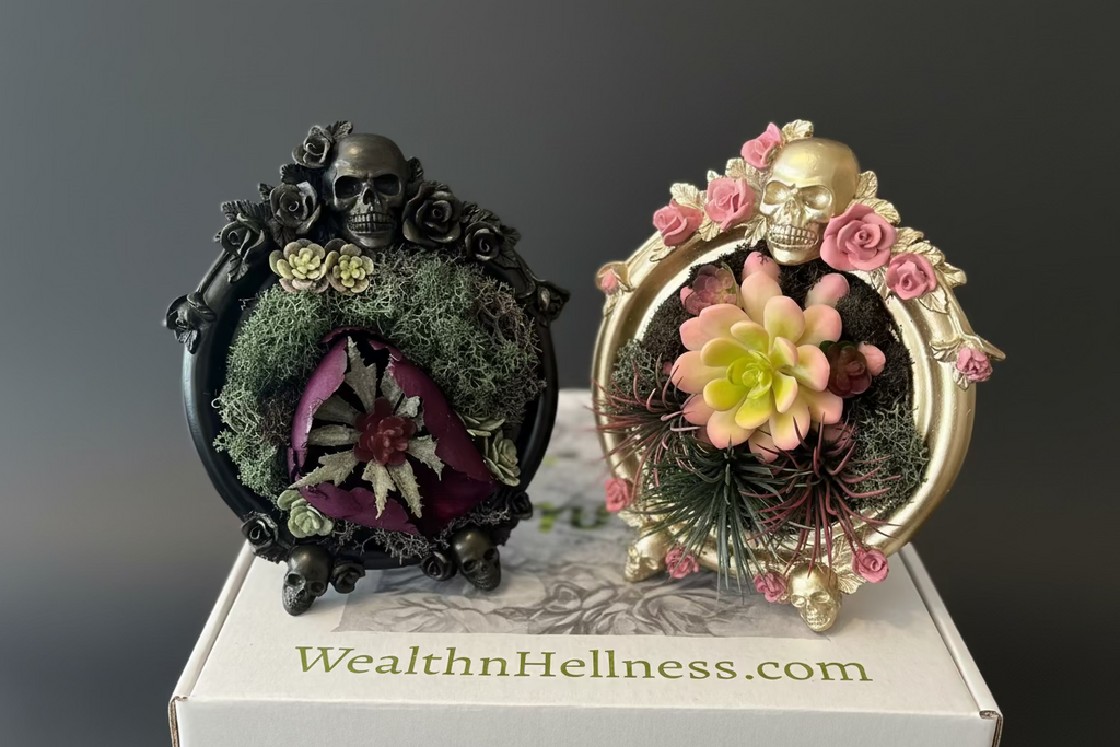 Two decorative items with skulls and succulents on a box labeled 'WealthnHellness.com'.