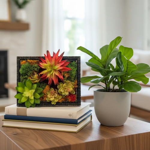 Decorative arrangement of succulents in a woven frame on a wooden surface.