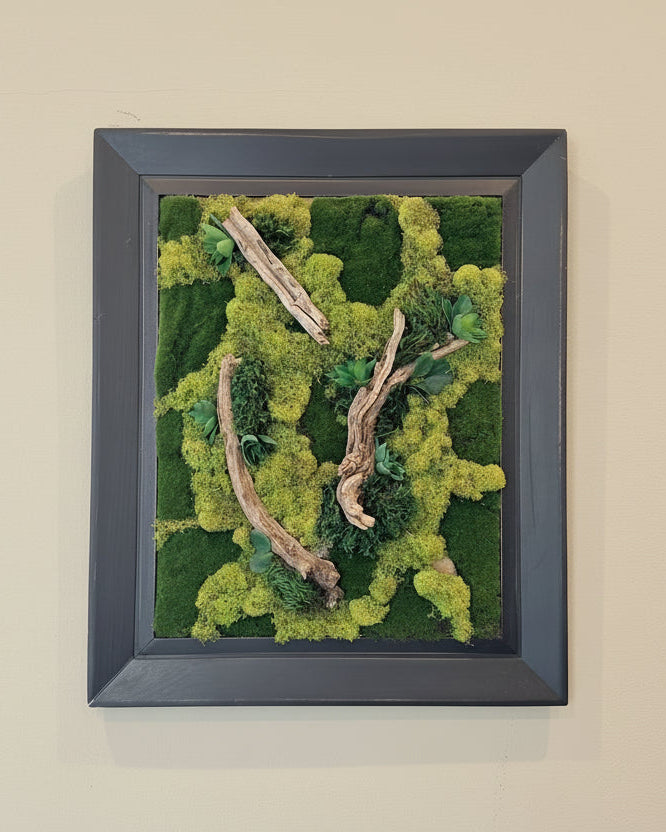 Framed artwork with green moss and brown branches on a white wall