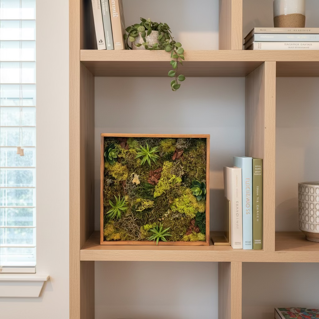 Wooden shelf with a framed moss art piece and books
