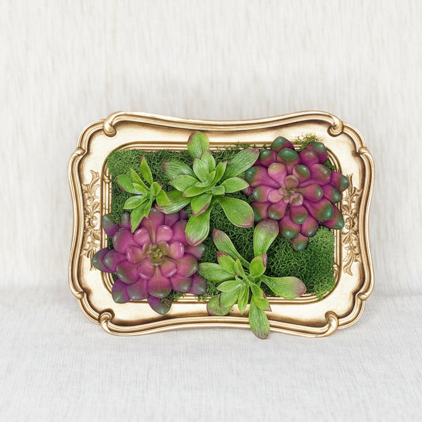 Decorative frame with purple flowers and greenery 