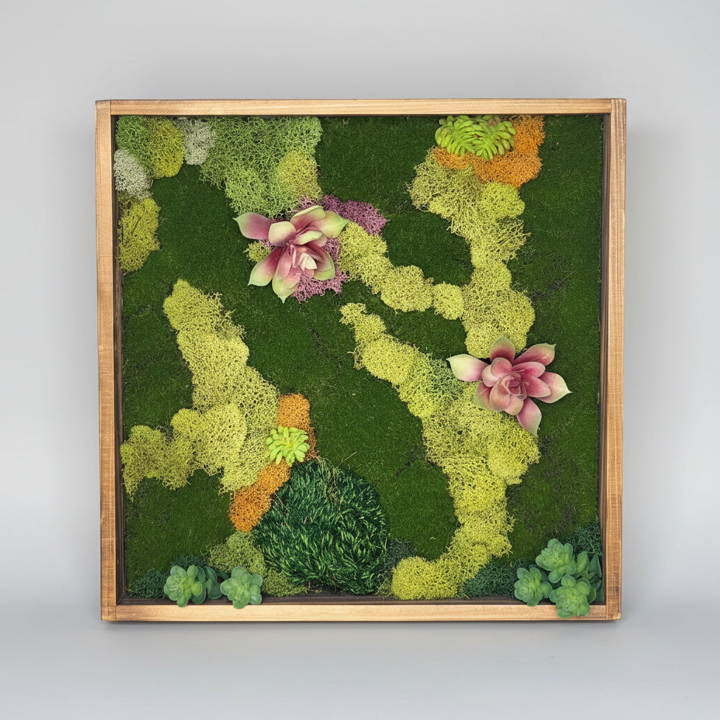 Framed moss wall art with pink flowers on a textured wall background