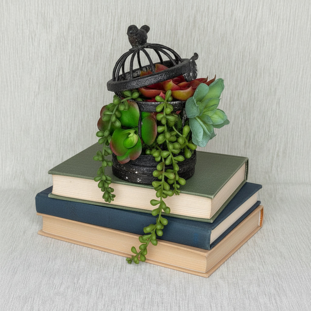 Potted succulents with a decorative birdcage on a light gray background