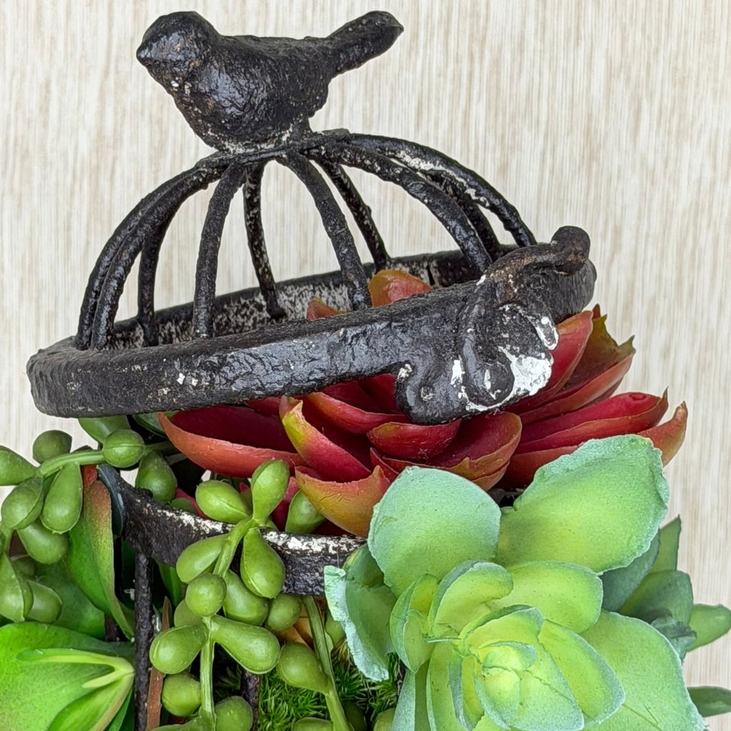 Decorative birdcage with succulents on a neutral background