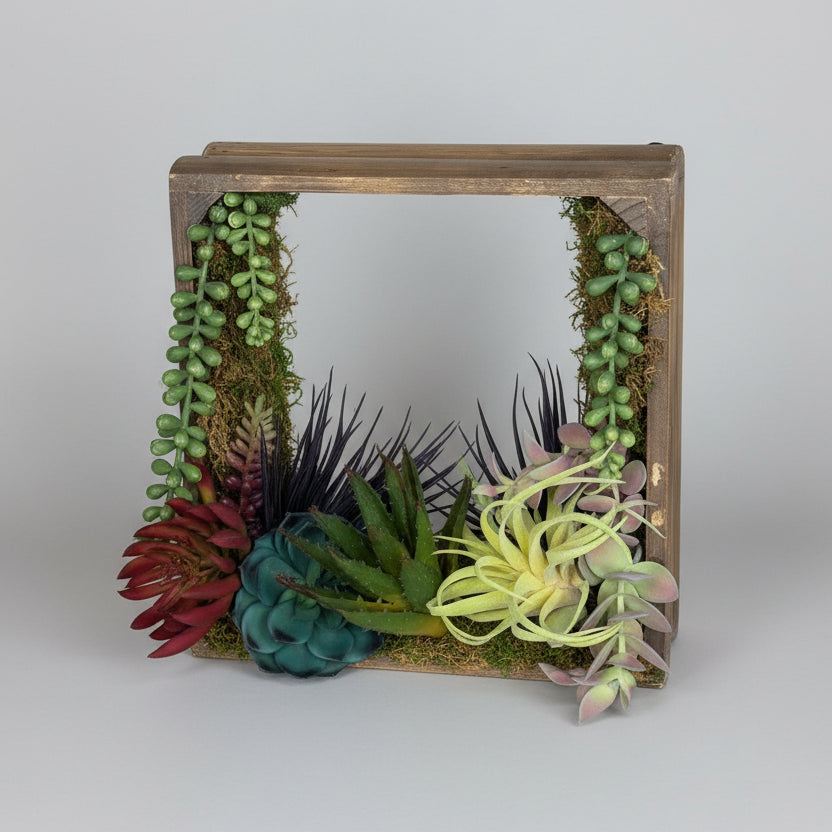 Wooden box with succulents and plants against a neutral background