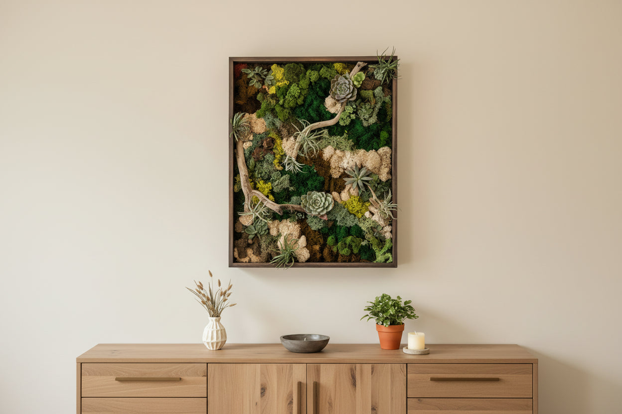 Framed wall art with succulents and plants on a beige wall.